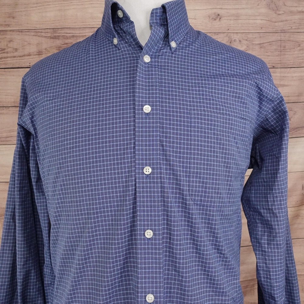 Kirkland Signature Dress Shirt Mens 16 34/35 Traditional Fit Blue Check Non-Iron